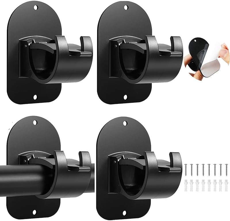 No Drill Curtain Rod Holder Hangers - Self Adhesive Curtain Rod Hook - Upgrade Large No Drilling Plastic Curtain Rod Brackets Renter Friendly Curtain Rod Hanger (4PCS Black) - Product Image