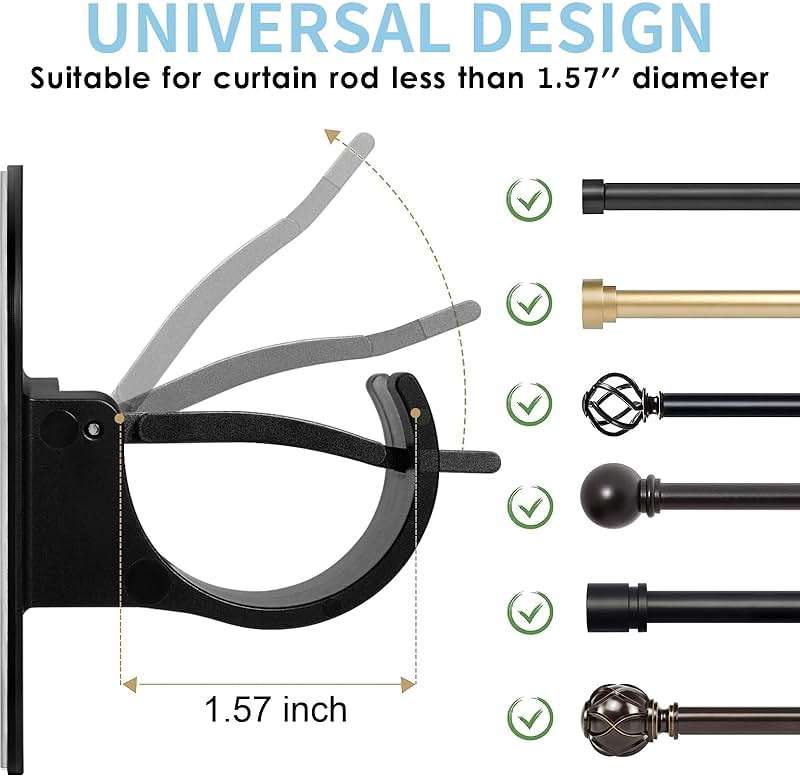 No Drill Curtain Rod Holder Hangers - Self Adhesive Curtain Rod Hook - Upgrade Large No Drilling Plastic Curtain Rod Brackets Renter Friendly Curtain Rod Hanger (4PCS Black) - Image 4