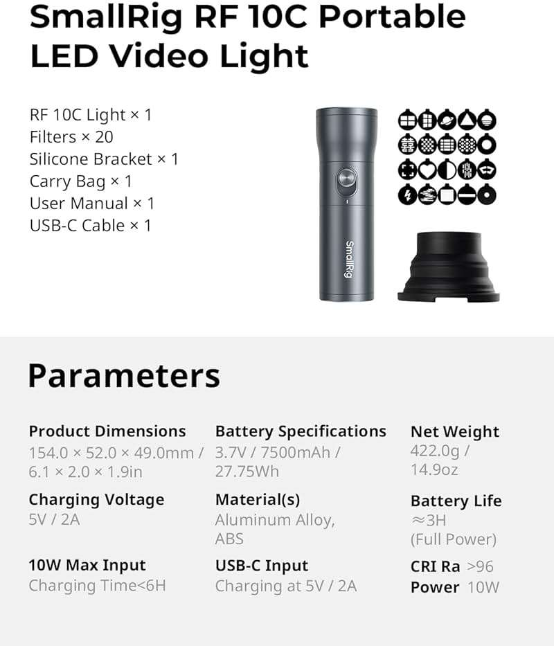 SMALLRIG RGB LED Photography Flashlight, 7500mAh Aluminum Alloy Patterned Ambient Light, 4 Color Fill Light with 20 Patterned Filters, Perfect for Photo, Content Creation Accessories RF10C 4634 - Image 10
