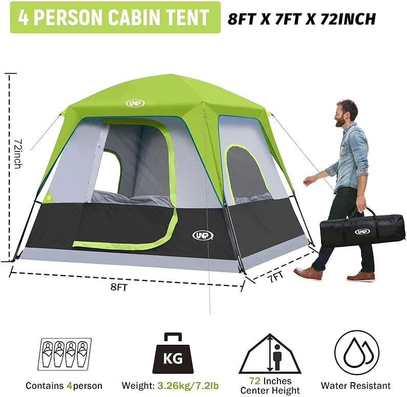 UNP 2/4/6/8 Person Tent, Portable Cabin Tent, Camping Tent 4-Person Easy Set Up, Waterproof with Top Rainfly for Outdoor Camping/Hiking - Image 2
