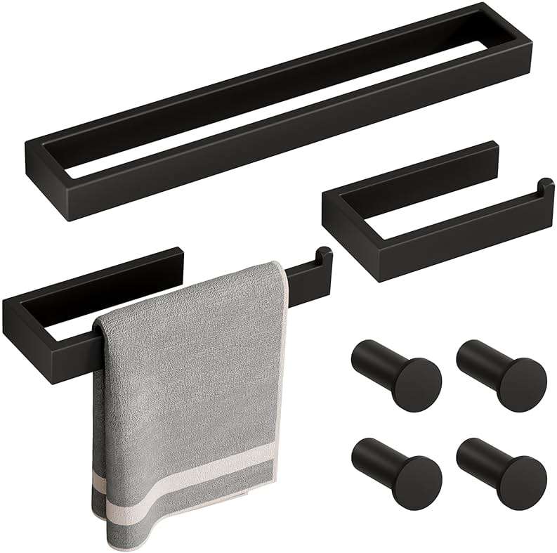 SAYAYO 7-Piece Bathroom Hardware Set Black, Includes 16 Inch Towel Bar, Towel Ring, Toilet Paper Holder & 4Pcs Coat Hooks Wall Mount, Towel Racks for Bathroom Accessories Set SUS304 Stainless Steel - Image 1