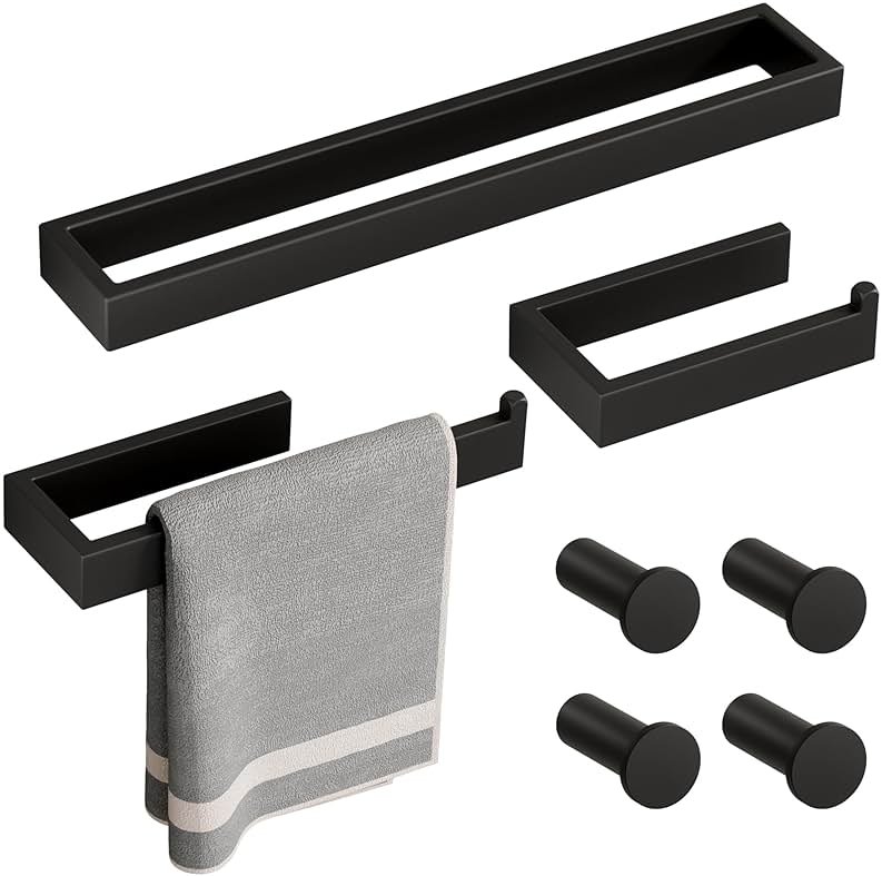 SAYAYO 7-Piece Bathroom Hardware Set Black, Includes 16 Inch Towel Bar, Towel Ring, Toilet Paper Holder & 4Pcs Coat Hooks Wall Mount, Towel Racks for Bathroom Accessories Set SUS304 Stainless Steel - Product Image