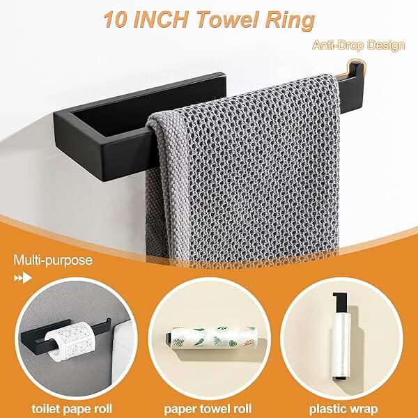 SAYAYO 7-Piece Bathroom Hardware Set Black, Includes 16 Inch Towel Bar, Towel Ring, Toilet Paper Holder & 4Pcs Coat Hooks Wall Mount, Towel Racks for Bathroom Accessories Set SUS304 Stainless Steel - Image 5