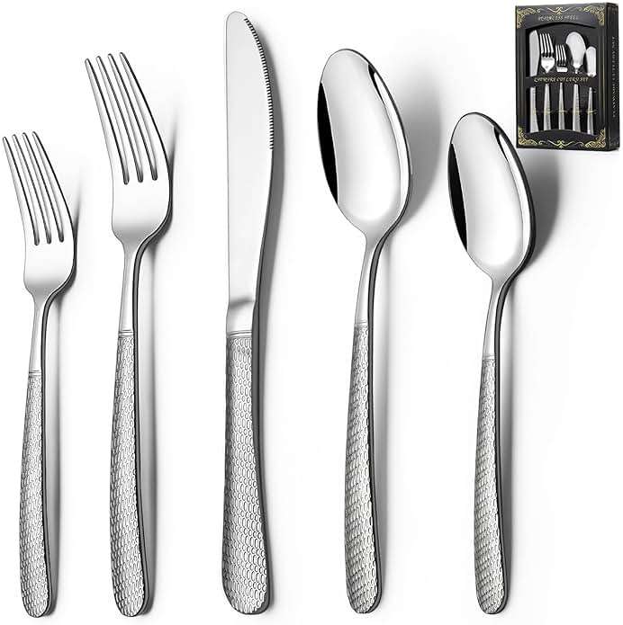 40-Piece Hammered Silverware Set, Deedro Stainless Steel Heavy Duty Flatware Set for 8, Food-Grade Tableware Cutlery Set, Utensil Sets for Home Restaurant, Mirror Finish, Dishwasher Safe - Image 1