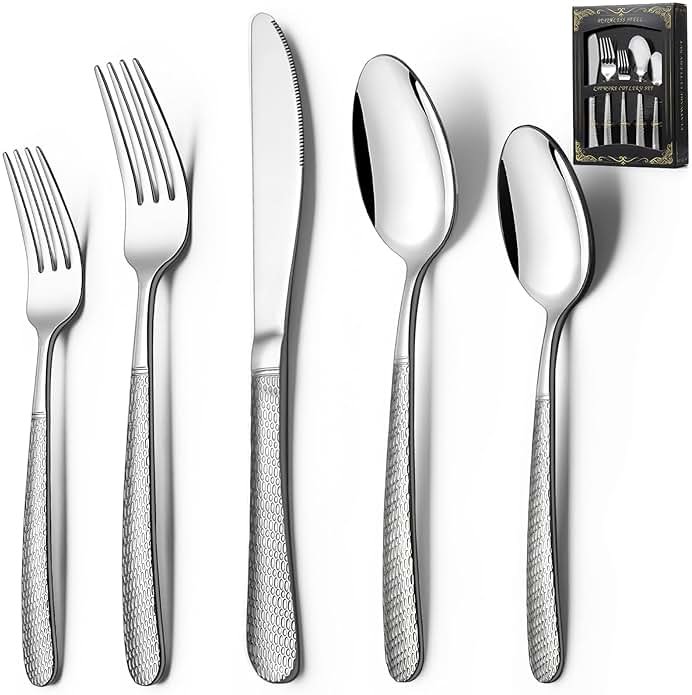 40-Piece Hammered Silverware Set, Deedro Stainless Steel Heavy Duty Flatware Set for 8, Food-Grade Tableware Cutlery Set, Utensil Sets for Home Restaurant, Mirror Finish, Dishwasher Safe - Product Image