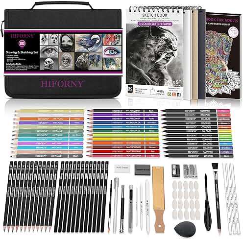 HIFORNY 100 PCS Drawing & Sketching Set, Professional Art Supplies with Graphite,Charcoal, Colored,Watercolor,Metallic Pencils,Blending Tools,Sketchbook and Coloring Book in Zipper Case (Black) - Image 1