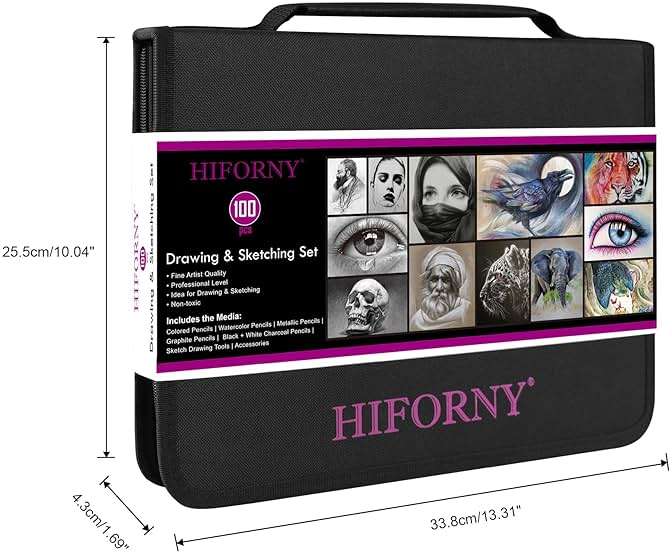 HIFORNY 100 PCS Drawing & Sketching Set, Professional Art Supplies with Graphite,Charcoal, Colored,Watercolor,Metallic Pencils,Blending Tools,Sketchbook and Coloring Book in Zipper Case (Black) - Image 2