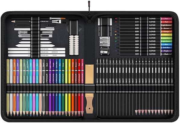 HIFORNY 100 PCS Drawing & Sketching Set, Professional Art Supplies with Graphite,Charcoal, Colored,Watercolor,Metallic Pencils,Blending Tools,Sketchbook and Coloring Book in Zipper Case (Black) - Image 4