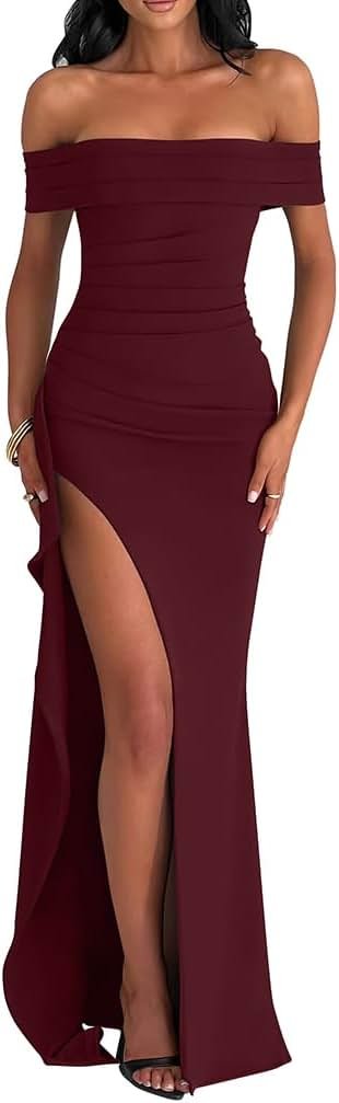 LAGSHIAN Women's Elegant Bodycon Off Shoulder Sleeveless High Split Ruched Long Formal Evening Dress - Product Image