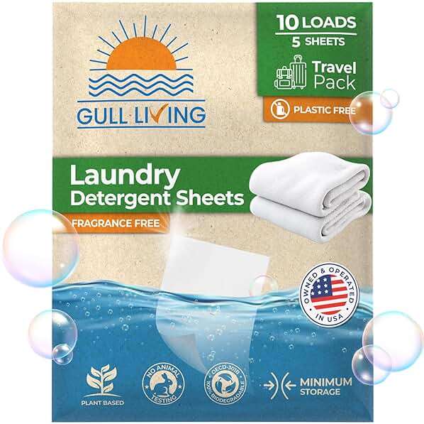 Gull Living Travel Laundry Detergent Sheets Unscented - 10 Loads - Dissolves Quickly, Removes Stains & Odors - For Home and Travel Laundry Sheets Detergent - Image 1