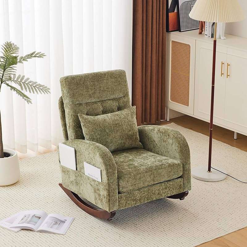 VINGLI Chenille Low Seat Rocking Chair,Upholstered Nursery Glider Chair with Side Pockets,Accent Arm Chair with High Backrest,Comfy Head Rest,Solid Wood,for Living Room Bedroom Balcony,Olive Green - Image 1