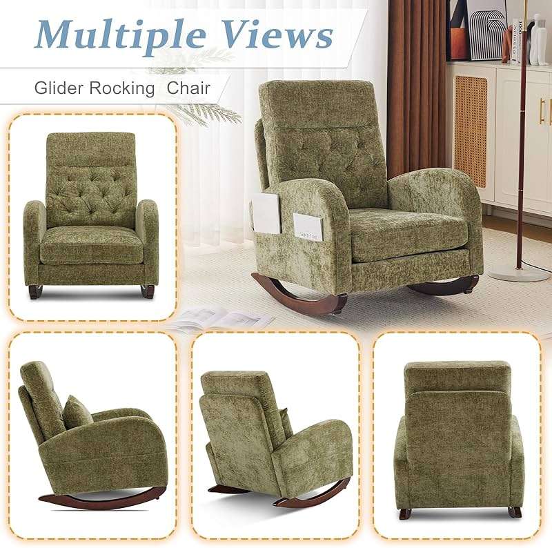 VINGLI Chenille Low Seat Rocking Chair,Upholstered Nursery Glider Chair with Side Pockets,Accent Arm Chair with High Backrest,Comfy Head Rest,Solid Wood,for Living Room Bedroom Balcony,Olive Green - Image 6