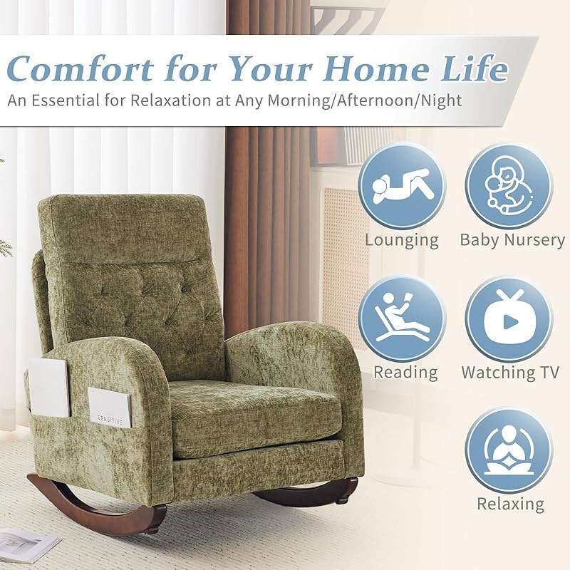 VINGLI Chenille Low Seat Rocking Chair,Upholstered Nursery Glider Chair with Side Pockets,Accent Arm Chair with High Backrest,Comfy Head Rest,Solid Wood,for Living Room Bedroom Balcony,Olive Green - Image 7