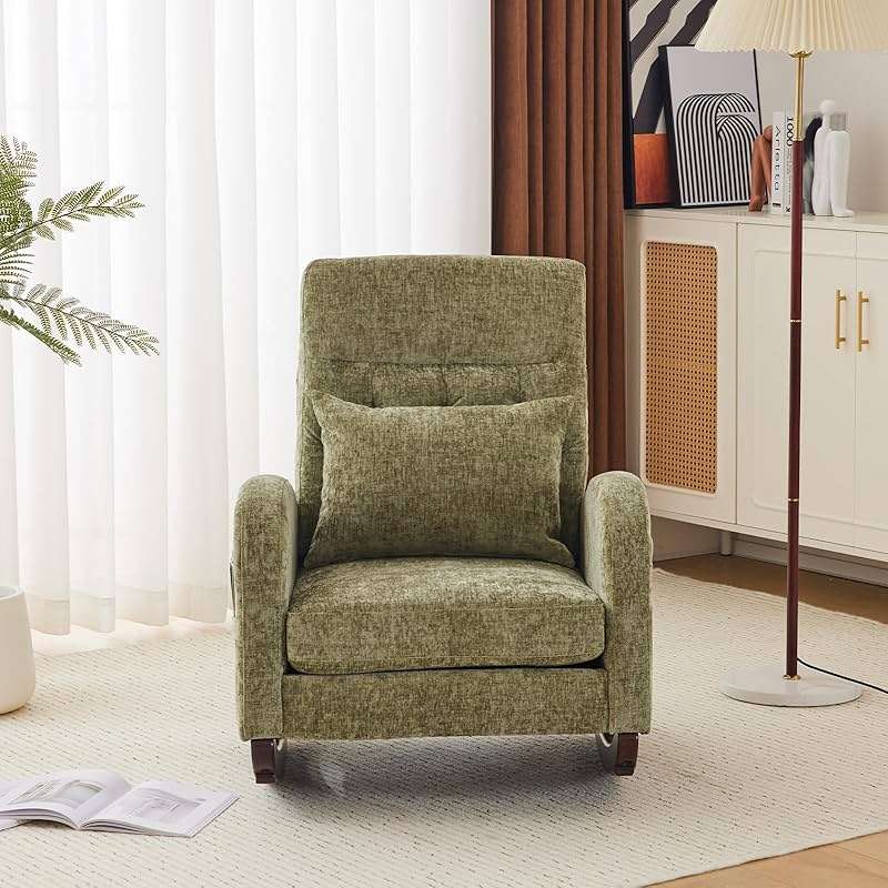 VINGLI Chenille Low Seat Rocking Chair,Upholstered Nursery Glider Chair with Side Pockets,Accent Arm Chair with High Backrest,Comfy Head Rest,Solid Wood,for Living Room Bedroom Balcony,Olive Green - Image 8