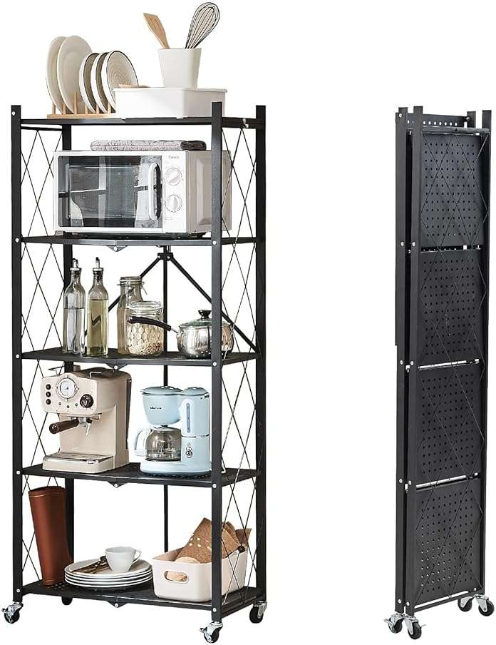 BRIAN & DANY 5-Tier Foldable Storage Shelves with Wheels, Folding Metal Rack Shelving Unit, Heavy Duty No Assembly Organizer Shelf for Garage, Kitchen, Basement, Pantry, Black - Image 1