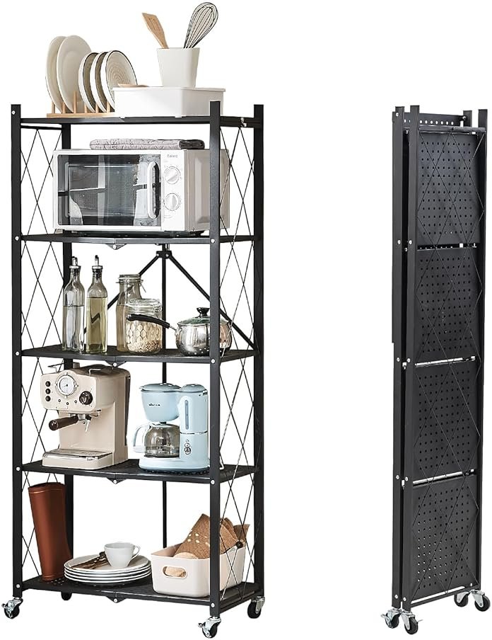 BRIAN & DANY 5-Tier Foldable Storage Shelves with Wheels, Folding Metal Rack Shelving Unit, Heavy Duty No Assembly Organizer Shelf for Garage, Kitchen, Basement, Pantry, Black - Product Image