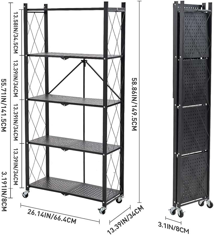 BRIAN & DANY 5-Tier Foldable Storage Shelves with Wheels, Folding Metal Rack Shelving Unit, Heavy Duty No Assembly Organizer Shelf for Garage, Kitchen, Basement, Pantry, Black - Image 3