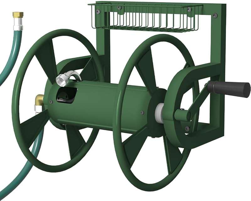 Artigarden Garden Wall Mounted Hose Reel, Outdoor Heavy-Duty Water Hose Holder Winder, Holds 125 Feet of 5/8-Inch Hose, with 3.9 ft Leader Hose, Water Fitting and Storage Basket for Yard, Green - Image 1