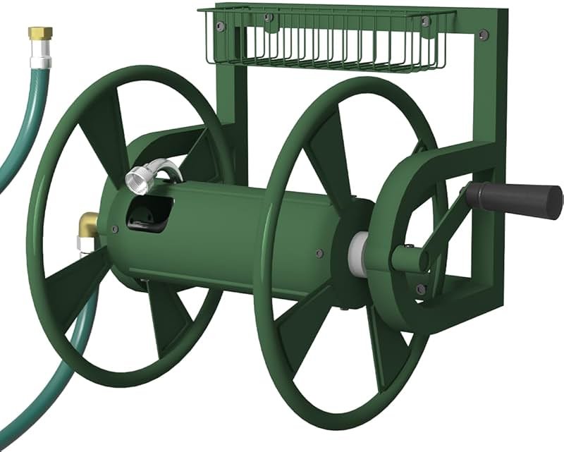 Artigarden Garden Wall Mounted Hose Reel, Outdoor Heavy-Duty Water Hose Holder Winder, Holds 125 Feet of 5/8-Inch Hose, with 3.9 ft Leader Hose, Water Fitting and Storage Basket for Yard, Green - Product Image