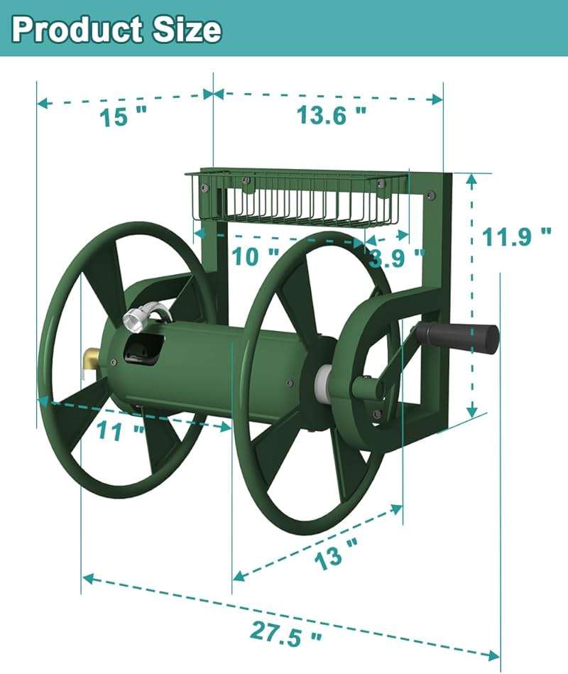 Artigarden Garden Wall Mounted Hose Reel, Outdoor Heavy-Duty Water Hose Holder Winder, Holds 125 Feet of 5/8-Inch Hose, with 3.9 ft Leader Hose, Water Fitting and Storage Basket for Yard, Green - Image 2