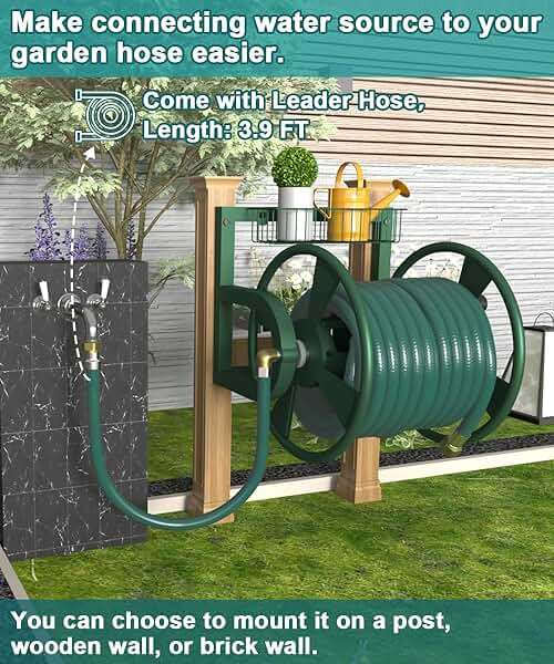 Artigarden Garden Wall Mounted Hose Reel, Outdoor Heavy-Duty Water Hose Holder Winder, Holds 125 Feet of 5/8-Inch Hose, with 3.9 ft Leader Hose, Water Fitting and Storage Basket for Yard, Green - Image 3