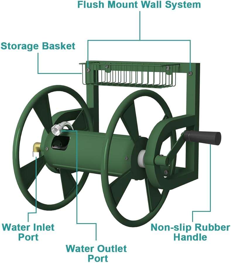 Artigarden Garden Wall Mounted Hose Reel, Outdoor Heavy-Duty Water Hose Holder Winder, Holds 125 Feet of 5/8-Inch Hose, with 3.9 ft Leader Hose, Water Fitting and Storage Basket for Yard, Green - Image 5