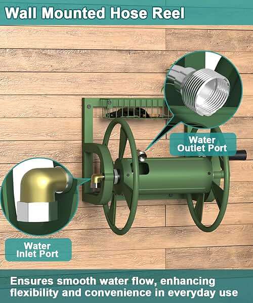Artigarden Garden Wall Mounted Hose Reel, Outdoor Heavy-Duty Water Hose Holder Winder, Holds 125 Feet of 5/8-Inch Hose, with 3.9 ft Leader Hose, Water Fitting and Storage Basket for Yard, Green - Image 7
