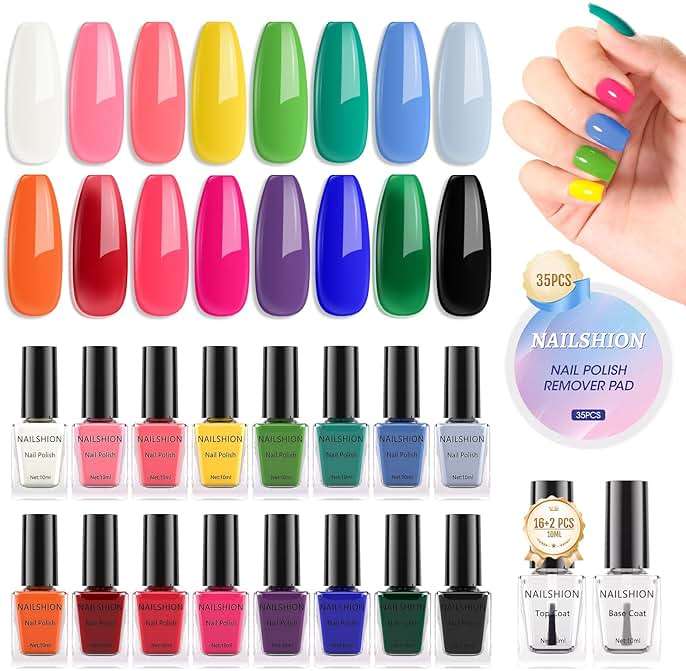 Nailshion Nail Polish 10ml 16 Colors Rainbow Air Dry Regular Nail Polish Set with Base Top Coat & Remover Pads| White Red Classic French Fingernail Polishes Non-gel Bulk Gift for Nail Art Lovers - Image 1
