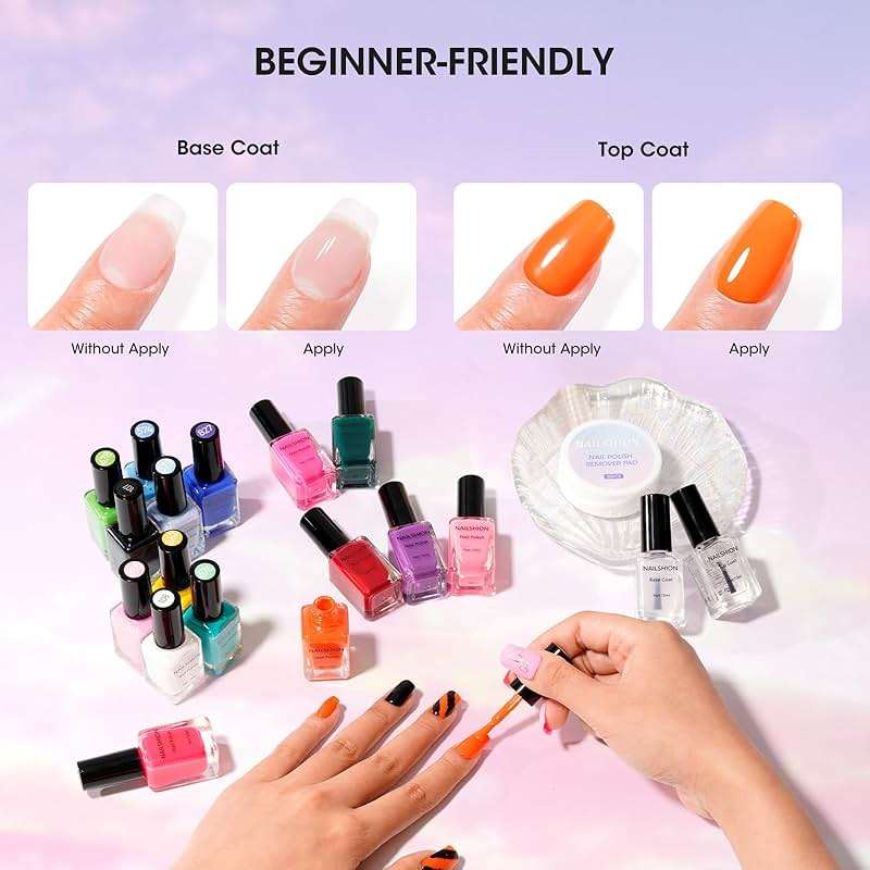 Nailshion Nail Polish 10ml 16 Colors Rainbow Air Dry Regular Nail Polish Set with Base Top Coat & Remover Pads| White Red Classic French Fingernail Polishes Non-gel Bulk Gift for Nail Art Lovers - Image 5