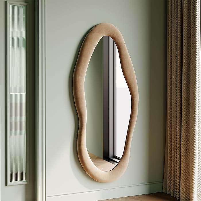 Honyee 55" x 24" Wall Mirror, Flannel Wrapped Wooden Frame Wavy Mirror, Irregular Mirror Hanging for Cloakroom/Bedroom/Living Room, Milk Tea - Image 1