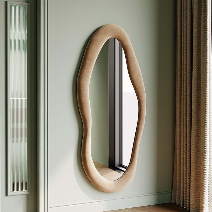 Honyee 55" x 24" Wall Mirror, Flannel Wrapped Wooden Frame Wavy Mirror, Irregular Mirror Hanging for Cloakroom/Bedroom/Living Room, Milk Tea - Product Image