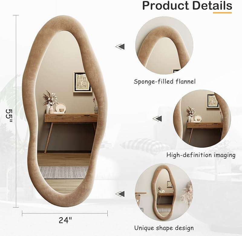 Honyee 55" x 24" Wall Mirror, Flannel Wrapped Wooden Frame Wavy Mirror, Irregular Mirror Hanging for Cloakroom/Bedroom/Living Room, Milk Tea - Image 2