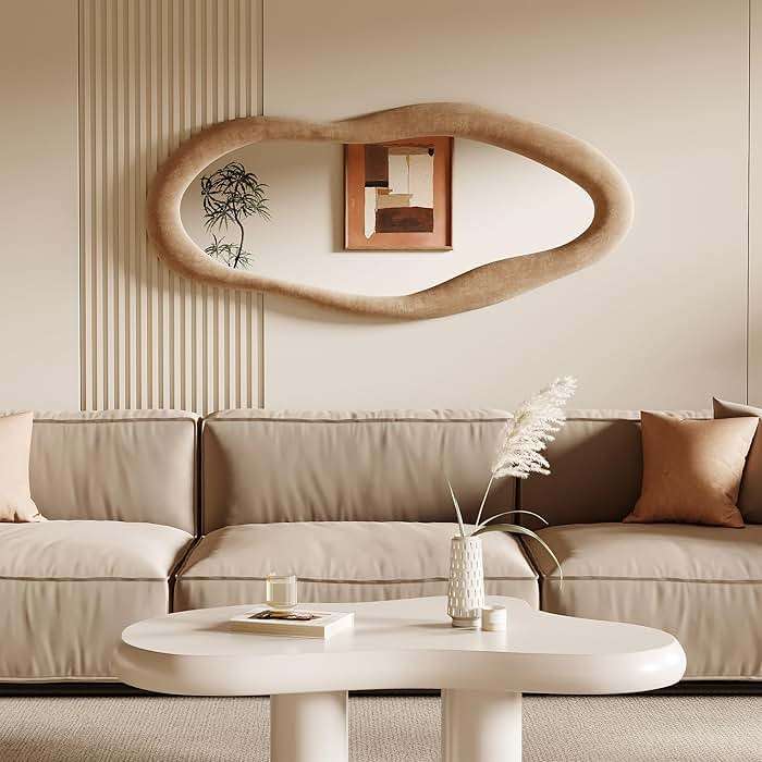 Honyee 55" x 24" Wall Mirror, Flannel Wrapped Wooden Frame Wavy Mirror, Irregular Mirror Hanging for Cloakroom/Bedroom/Living Room, Milk Tea - Image 4