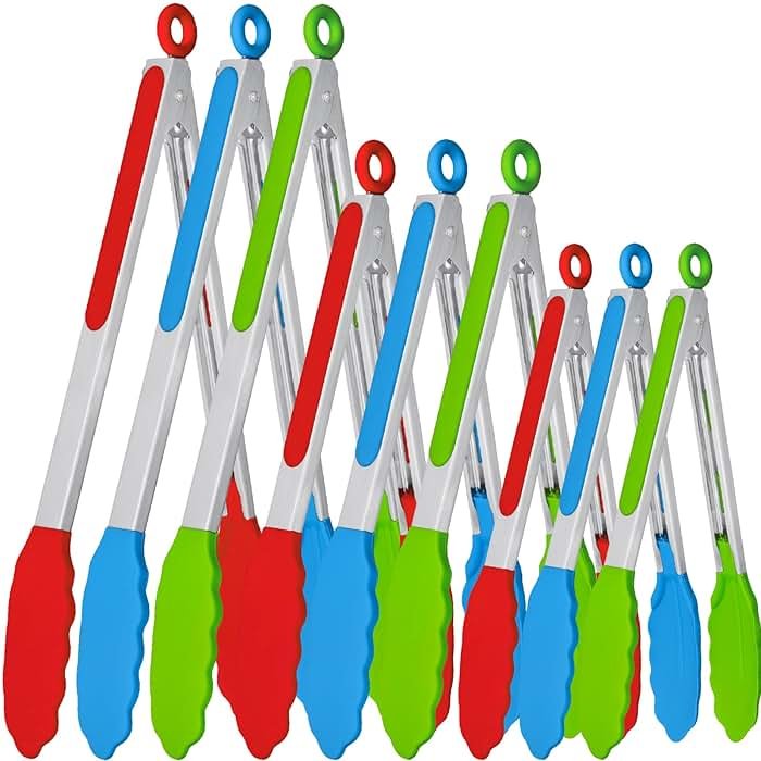 9 Pieces Silicone Tongs for Cooking 7,9,12 inches Kitchen Tongs with Silicone Tip Stainless Steel Heat Resistant Cooking Tongs for Food Grill Salad BBQ Frying and Serving, 3 Color - Product Image