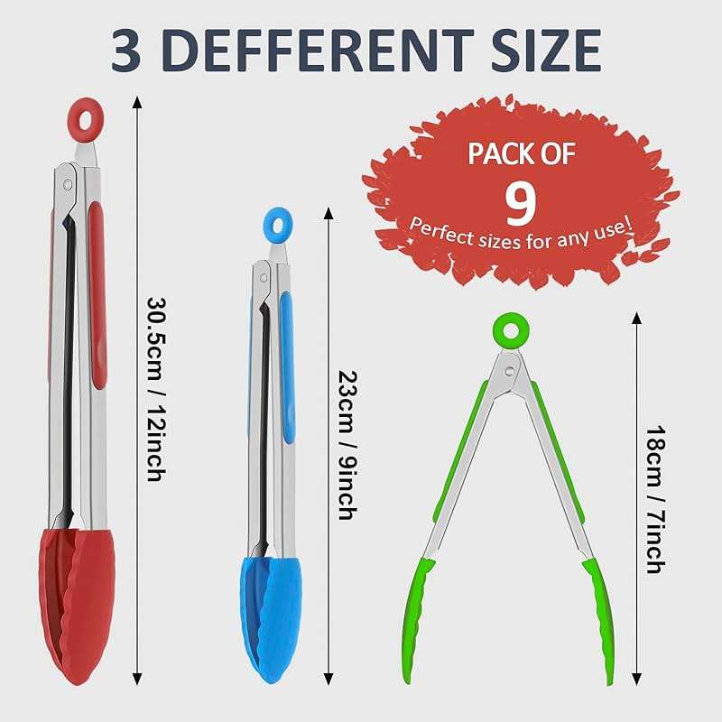 9 Pieces Silicone Tongs for Cooking 7,9,12 inches Kitchen Tongs with Silicone Tip Stainless Steel Heat Resistant Cooking Tongs for Food Grill Salad BBQ Frying and Serving, 3 Color - Image 2