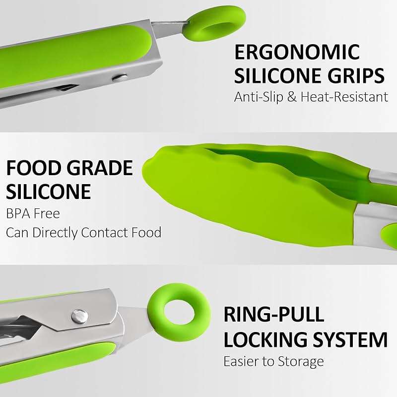 9 Pieces Silicone Tongs for Cooking 7,9,12 inches Kitchen Tongs with Silicone Tip Stainless Steel Heat Resistant Cooking Tongs for Food Grill Salad BBQ Frying and Serving, 3 Color - Image 5