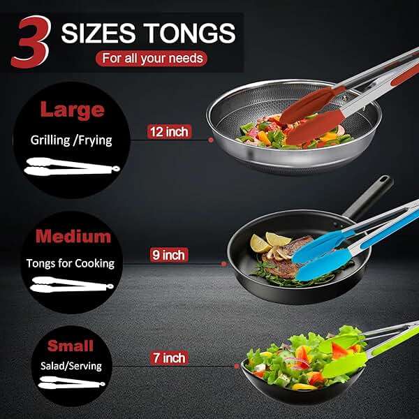 9 Pieces Silicone Tongs for Cooking 7,9,12 inches Kitchen Tongs with Silicone Tip Stainless Steel Heat Resistant Cooking Tongs for Food Grill Salad BBQ Frying and Serving, 3 Color - Image 6