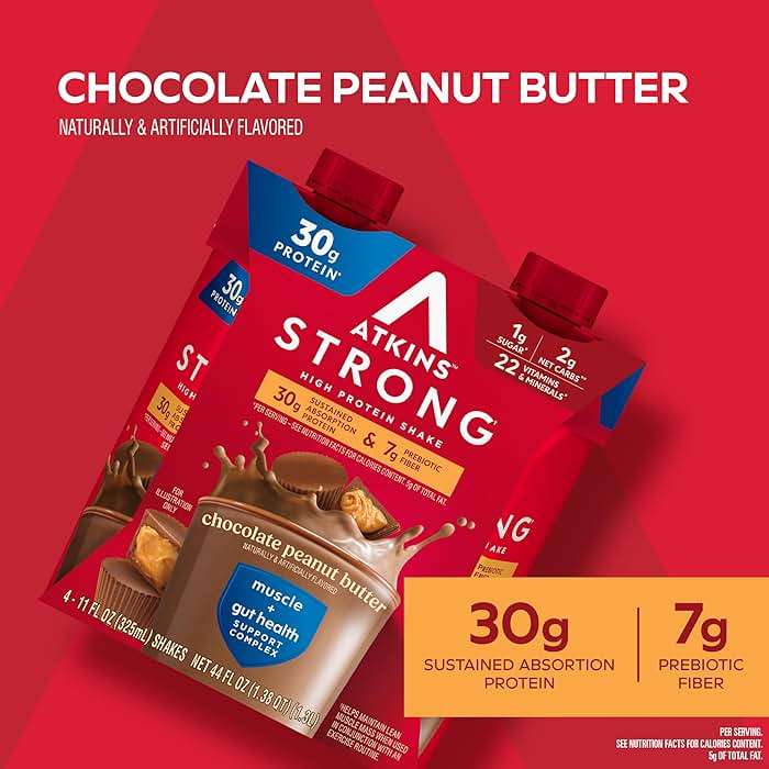 Atkins Strong High Protein Shake, Chocolate Peanut Butter Flavor, 30g Protein, GLP-1 Support, Low Carb and Low Sugar Shake, Keto Friendly, Gluten Free, Muscle and Gut Health Support, 12 Count - Image 4