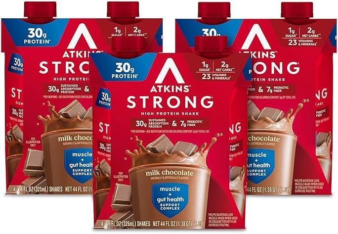 Atkins Strong High Protein Shake, Milk Chocolate, 30g Protein, 7g Prebiotic Fiber, 1g Sugar, GLP-1 Support, Muscle & Gut Health Support Complex, 12 Count - Product Image
