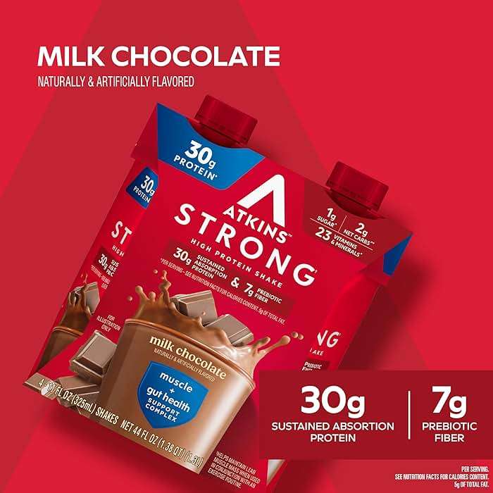 Atkins Strong High Protein Shake, Milk Chocolate, 30g Protein, 7g Prebiotic Fiber, 1g Sugar, GLP-1 Support, Muscle & Gut Health Support Complex, 12 Count - Image 4