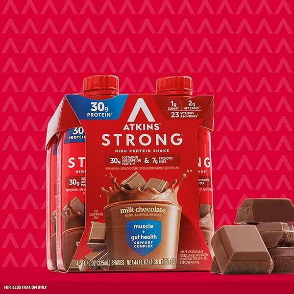 Atkins Strong High Protein Shake, Milk Chocolate, 30g Protein, 7g Prebiotic Fiber, 1g Sugar, GLP-1 Support, Muscle & Gut Health Support Complex, 12 Count - Image 7