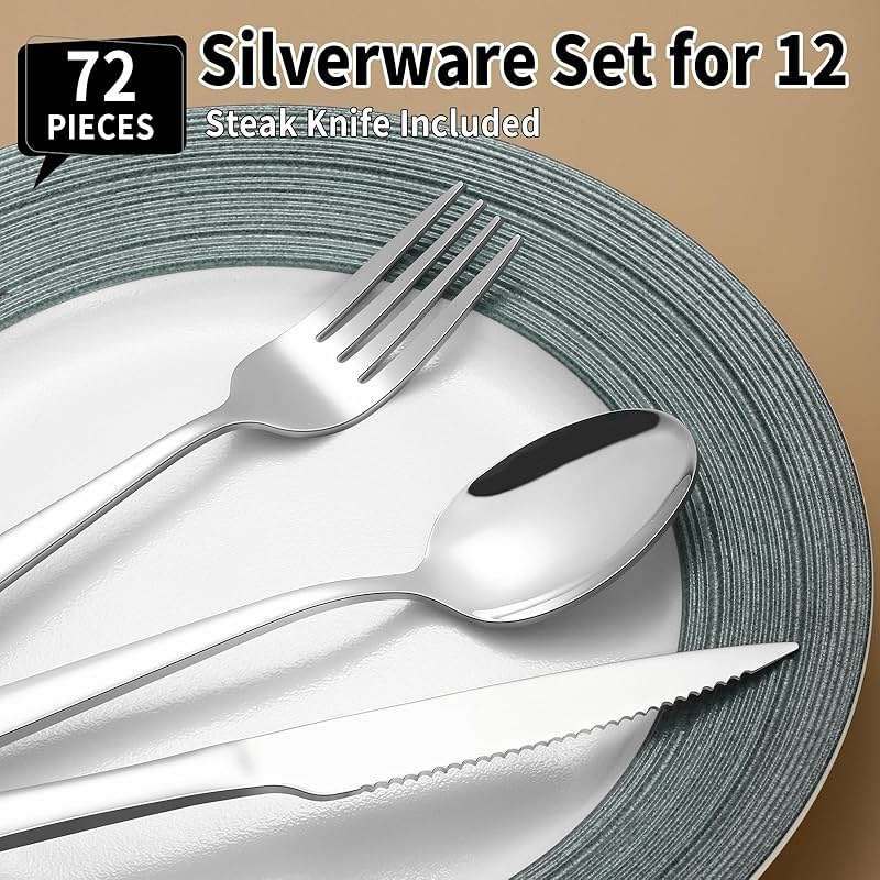 72 Piece Silverware Set for 12, Prendcyx Stainless Steel Flatware Set wtih Steak Knives, Food-Grade Tableware Cutlery Set, Mirror Polished Utensil Sets for Home Restaurant - Image 2