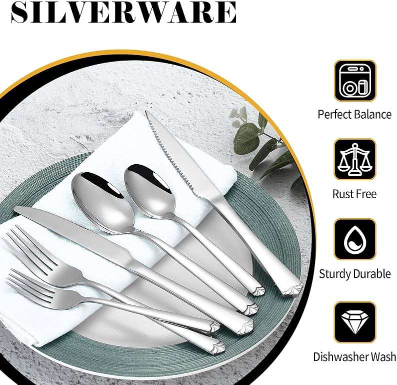 72 Piece Silverware Set for 12, Prendcyx Stainless Steel Flatware Set wtih Steak Knives, Food-Grade Tableware Cutlery Set, Mirror Polished Utensil Sets for Home Restaurant - Image 3