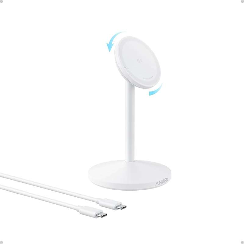 Anker MagGo iPhone 17 MagSafe Charger Compatible Stand, 15W Fast Magnetic Wireless Charging Station, Qi2 Certified 360° Wireless Charger (White, with Cable) - Image 1
