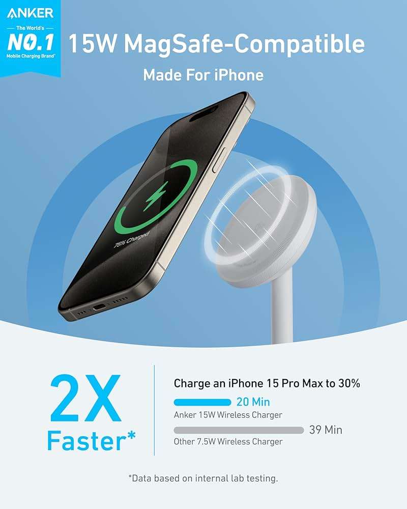 Anker MagGo iPhone 17 MagSafe Charger Compatible Stand, 15W Fast Magnetic Wireless Charging Station, Qi2 Certified 360° Wireless Charger (White, with Cable) - Image 2