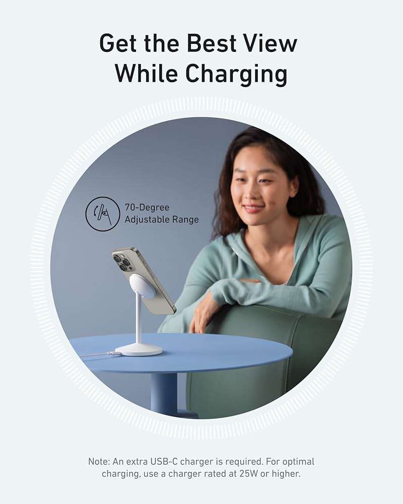 Anker MagGo iPhone 17 MagSafe Charger Compatible Stand, 15W Fast Magnetic Wireless Charging Station, Qi2 Certified 360° Wireless Charger (White, with Cable) - Image 6