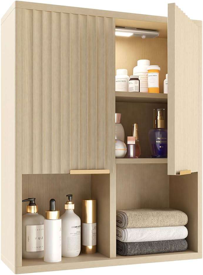 HAIOOU Fluted Bathroom Wall Cabinet with Motion Sensor Light, Curved Profile Wooden Medicine Cabinet Wall Mounted Cupboard, Wave Like Over Toilet Storage Cabinet with Buffering Hinges - Natural - Image 1