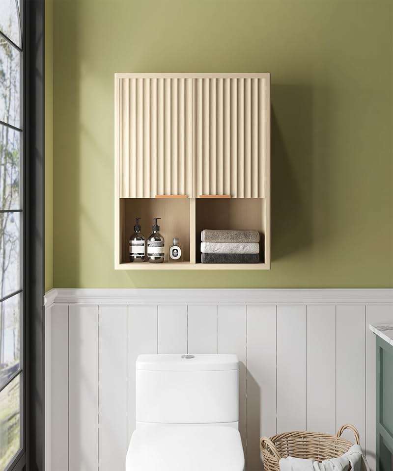 HAIOOU Fluted Bathroom Wall Cabinet with Motion Sensor Light, Curved Profile Wooden Medicine Cabinet Wall Mounted Cupboard, Wave Like Over Toilet Storage Cabinet with Buffering Hinges - Natural - Image 2