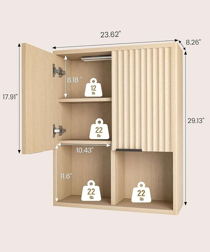 HAIOOU Fluted Bathroom Wall Cabinet with Motion Sensor Light, Curved Profile Wooden Medicine Cabinet Wall Mounted Cupboard, Wave Like Over Toilet Storage Cabinet with Buffering Hinges - Natural - Image 3