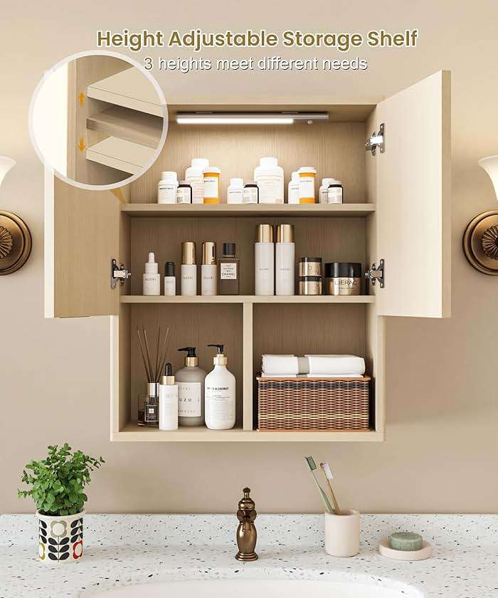 HAIOOU Fluted Bathroom Wall Cabinet with Motion Sensor Light, Curved Profile Wooden Medicine Cabinet Wall Mounted Cupboard, Wave Like Over Toilet Storage Cabinet with Buffering Hinges - Natural - Image 5